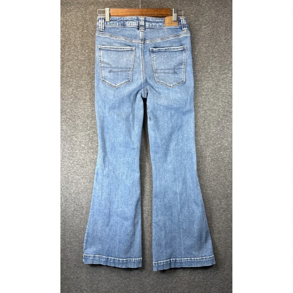 American Eagle Super Hi-Rise Flare Women 6 Blue Patch Pocket Jeans Night Out